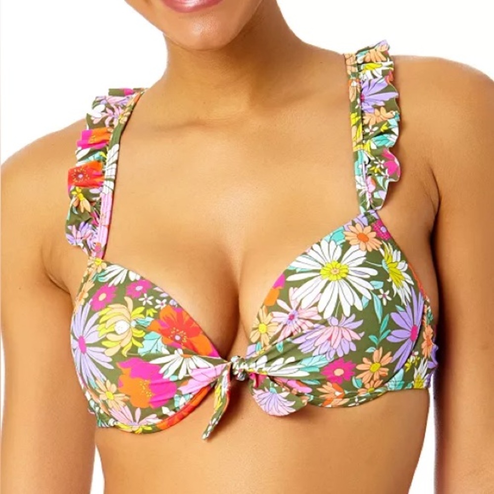 Salt + Cove Women's Printed Ruffle-Strap Push Up Underwire Bikini Top Size XL